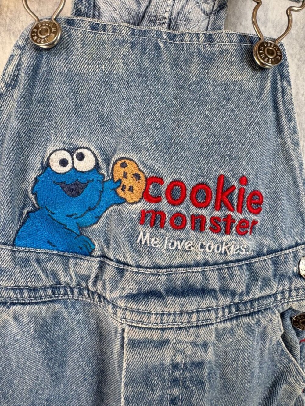 Vintage Sesame Street Cookie Monster Denim Toddler Overalls Kids 24 Months Blue